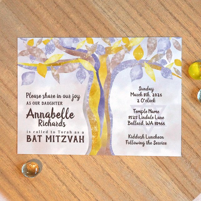 Invitación a Mitzvah de Bat de árbol trenzado azul (Yellow, blue bat mitzvah invitations with entwined tree of life, glitter, sparkles tree leaves)