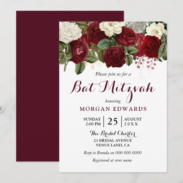 Invitación a Mitzvah de Bat Floral Blanco Borgoña (Anverso / Reverso)