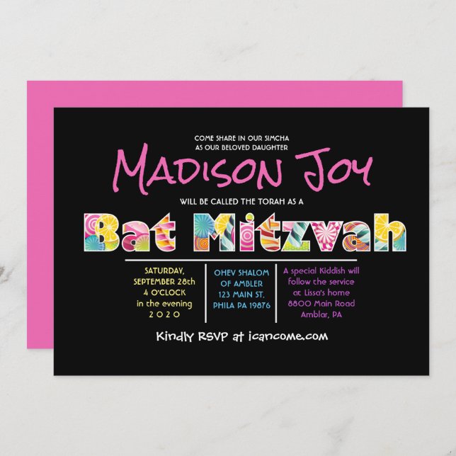 Invitación a Mitzvah de Bat Pink Bat (Anverso / Reverso)