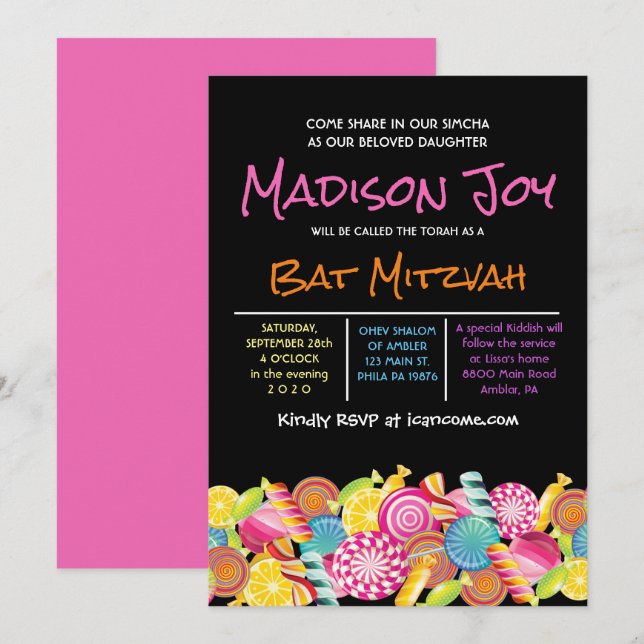 Invitación a Mitzvah de Bat Pink Bat (Anverso / Reverso)