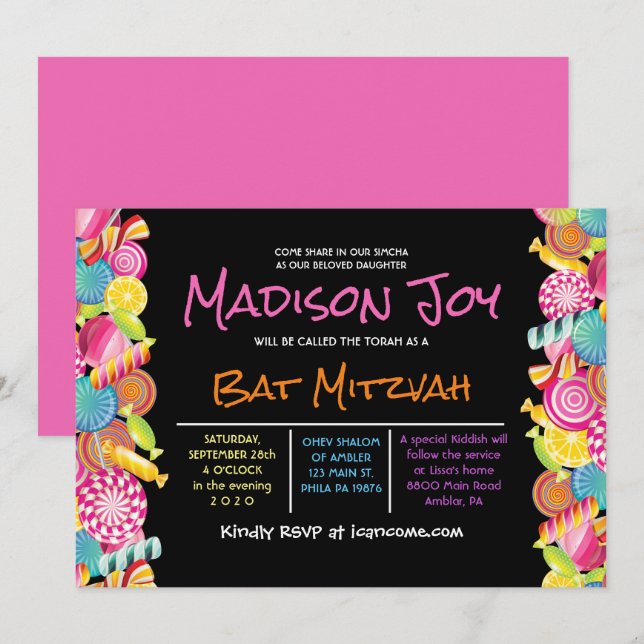 Invitación a Mitzvah de Bat Pink Bat (Anverso / Reverso)