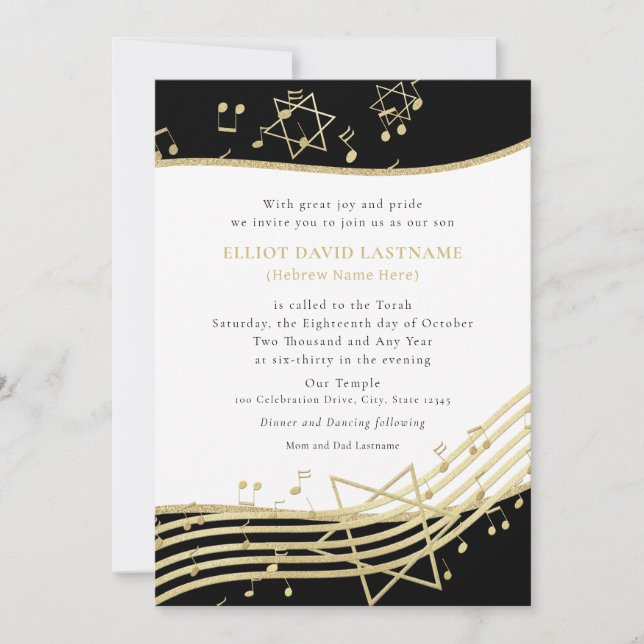 Invitación a Mitzvah de Black and Gold Music Bar (Anverso)