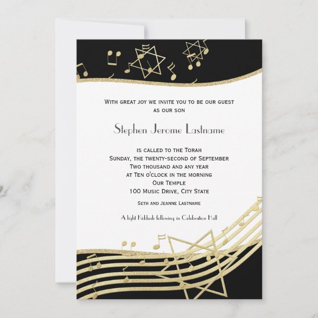 Invitación a Mitzvah de Black and Gold Music Bar (Anverso)