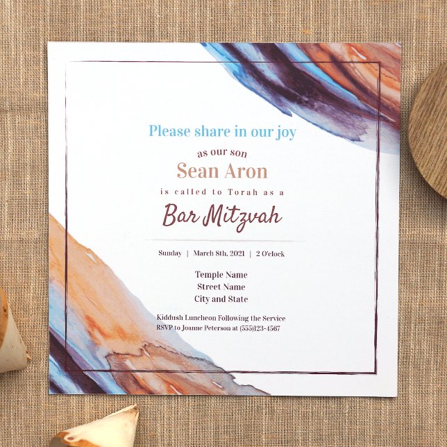 Invitación a Mitzvah de Blue Beige Eggplant Purple (Stylish Bar Mitzvah Invitations Caramel brown beige, light blue, eggplant purple paint swoosh stroke)