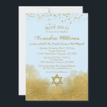 Invitación a Mitzvah de Blue Gold Bat<br><div class="desc">Una elegante invitación a Bat Mitzvah azul y dorado que incluye confetti purpurina de oro en la parte superior y glam dorado en la parte inferior con un purpurina de oro Star of David.</div>