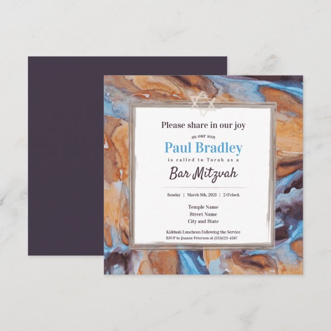 Invitación a Mitzvah de Caramel, Blue & Eggplant B (Anverso / Reverso)