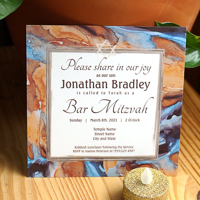 Invitación a Mitzvah de Caramel y Blue Marble Bar (brown, blue, eggplant purple bar mitzvah color theme invitations)
