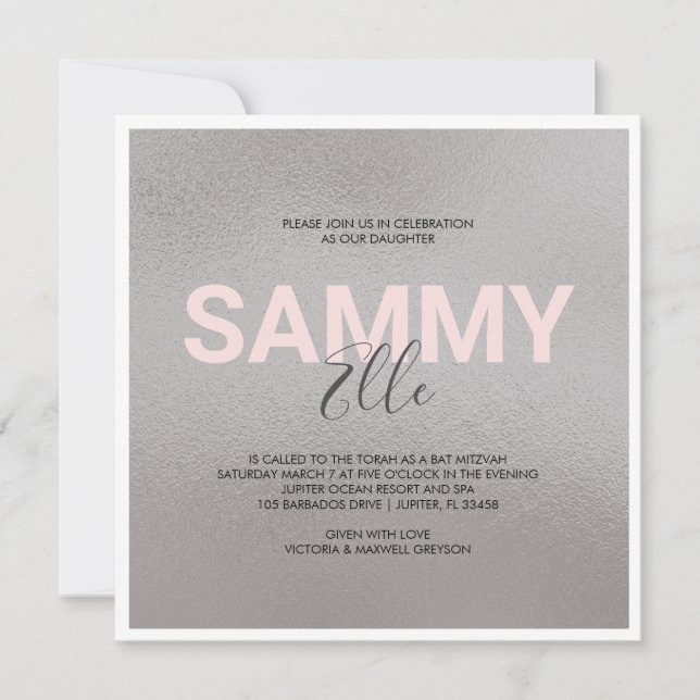 Invitación a Mitzvah de Faux Silver Bat (Anverso)