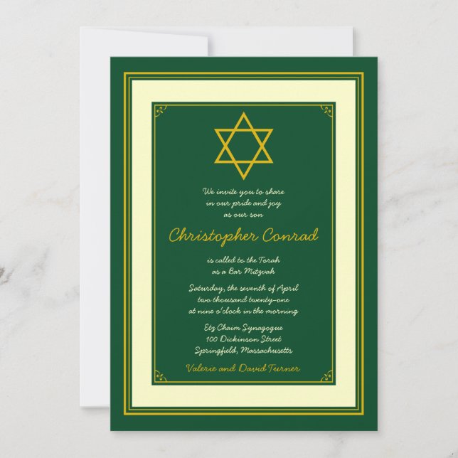 Invitación a Mitzvah de Forest Green y Gold Bar (Anverso)