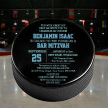 Invitación a Mitzvah de Hockey Puck Round Blue Bar