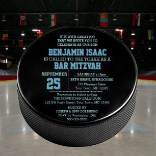 Invitación a Mitzvah de Hockey Puck Round Blue Bar