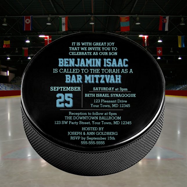 Invitación a Mitzvah de Hockey Puck Round Blue Bar (Subido por el creador)