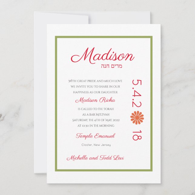 Invitación a Mitzvah de Kiwi rosa y Flor Naranja (Anverso)