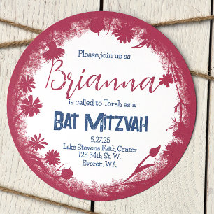 Invitación a Mitzvah de Mauve Pink, Navy Blue Bat