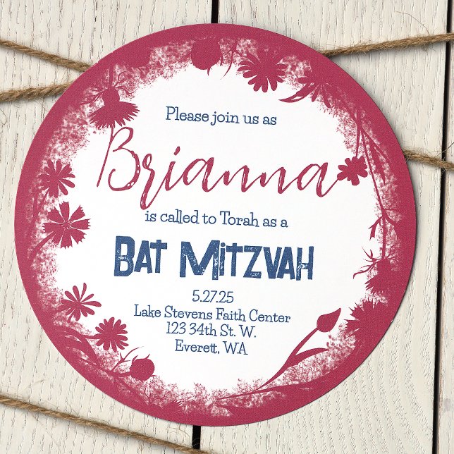 Invitación a Mitzvah de Mauve Pink, Navy Blue Bat (Unique Vintage pink and navy blue, wild flower botanical bat mitzvah invitations)