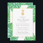 Invitación a Mitzvah de Pineapple Tropical Bat<br><div class="desc">Invitación a Mitzvah de oro de piña tropical,  pieza central de nuestra colección de papelería de piña tropical. Con hojas tropicales acuarelas en el fondo con acentos de Relieve metalizado de oro falsos.</div>