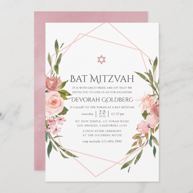 Invitación a Mitzvah de Rubor Pink Floral Bat (Anverso / Reverso)