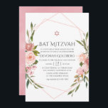 Invitación a Mitzvah de Rubor Pink Floral Bat<br><div class="desc">Invitación mitzvah de murciélago color agua rosa Rubor con acentos de verde sabio adornando un marco geométrico dorado.</div>