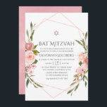 Invitación a Mitzvah de Rubor Pink Floral Bat<br><div class="desc">Invitación mitzvah de murciélago color agua rosa Rubor con acentos de verde sabio adornando un marco geométrico dorado.</div>