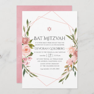Invitación a Mitzvah de Rubor Pink Floral Bat