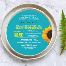 Invitación a Mitzvah de Sunflower Aqua Round Bat