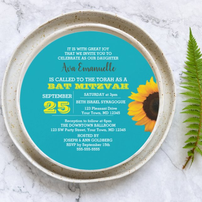 Invitación a Mitzvah de Sunflower Aqua Round Bat (Subido por el creador)