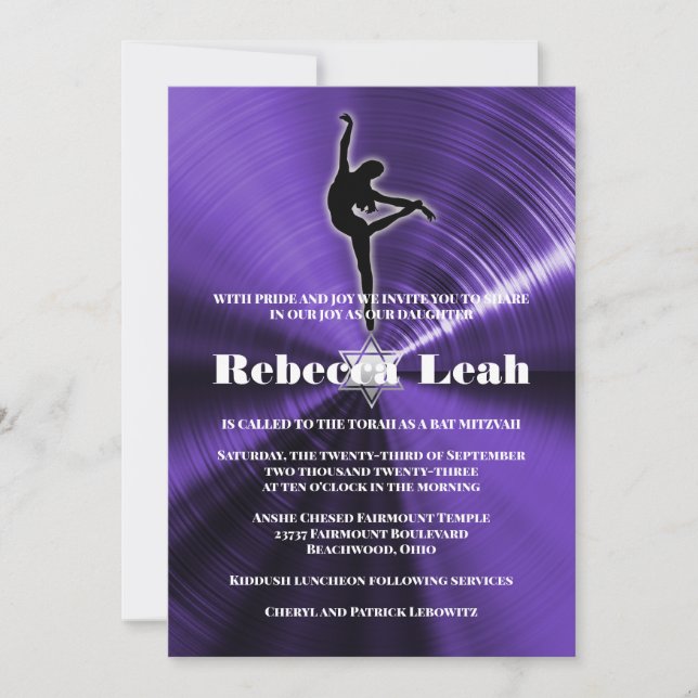 Invitación a Mitzvah del bailarín bailarín púrpura (Anverso)