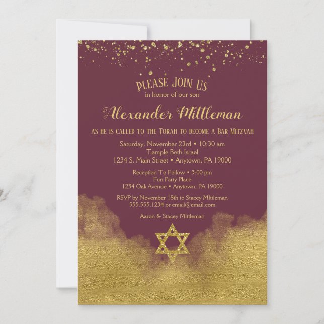 Invitación a Mitzvah del bar de oro de Borgoña (Anverso)
