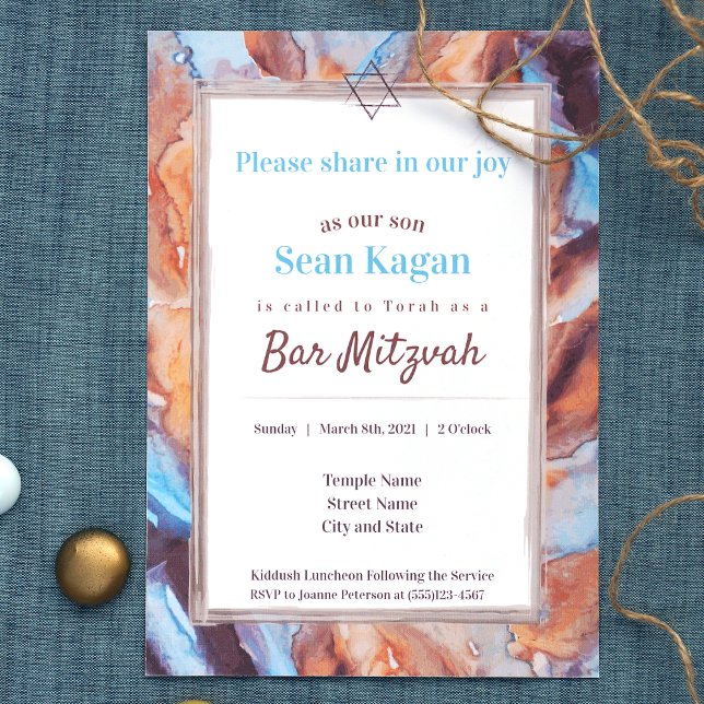 Invitación a Mitzvah del Beige Aqua Blue Bar (modern bar mitzvah invitations with bold brown, beige, blue marble stone pattern )
