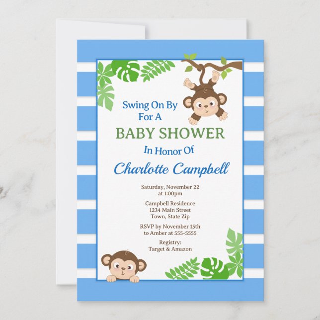 Invitación a Monkey Baby Shower, Monkey Boy Invita (Anverso)