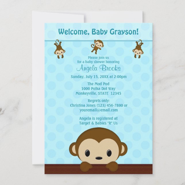 Invitación a MONKEY Baby Shower Polka Dot BLUE MPP (Anverso)