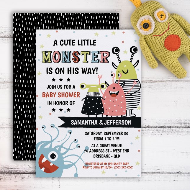 Invitación a Monster Baby Shower (No trick or treats here. Our “terrorffic” monster baby shower is all you need. )