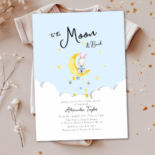 Invitación A Moon Back Rabbit Blue Heart Boy Baby Shower