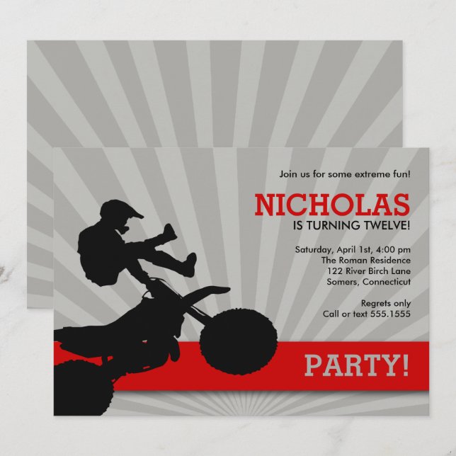 Invitación a Motocross Dirtbike, rojo y negro (Anverso / Reverso)