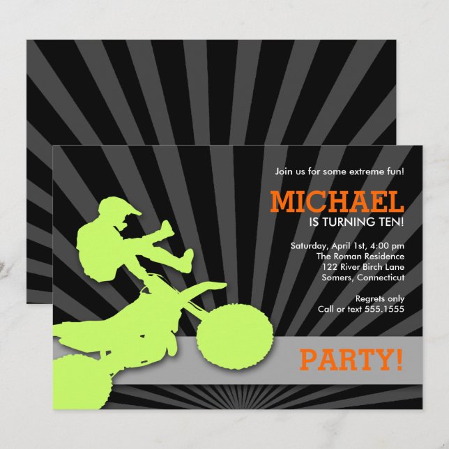 Invitación a motocross Dirtbike, verde y Naranja (Anverso / Reverso)