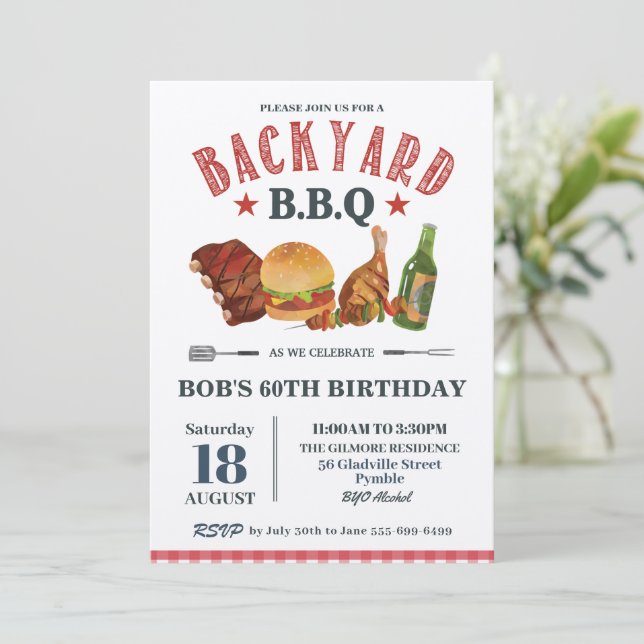 Invitación a nacer en rojo de Gingham BQ masculino (Anverso de pie)