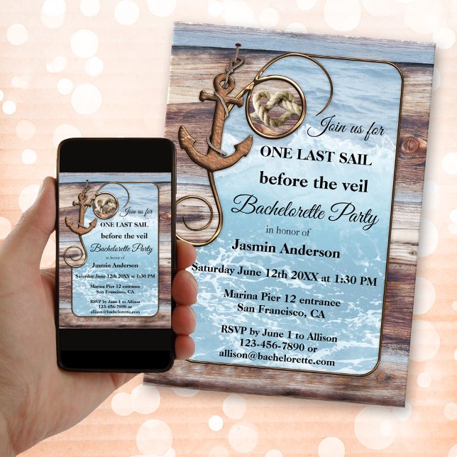 Invitación a navegar por Bachillerato Rústico (Nautical themed bachelorette invitation showing an image of an ocean framed by rustic weathered wood)