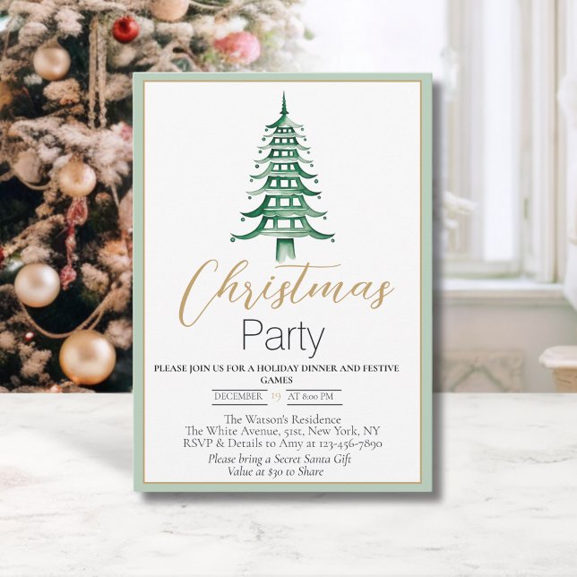 Invitación a Navidades de la Chinoiserie Sage Gree (Chinoiserie Pagoda Christmas Tree- Christmas Party invitation)