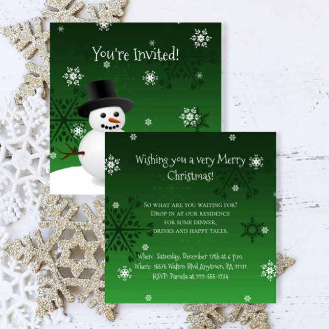 Invitación a Navidades de la escena de invierno de (Green Snowman Winter Scene Christmas Party Invitation)