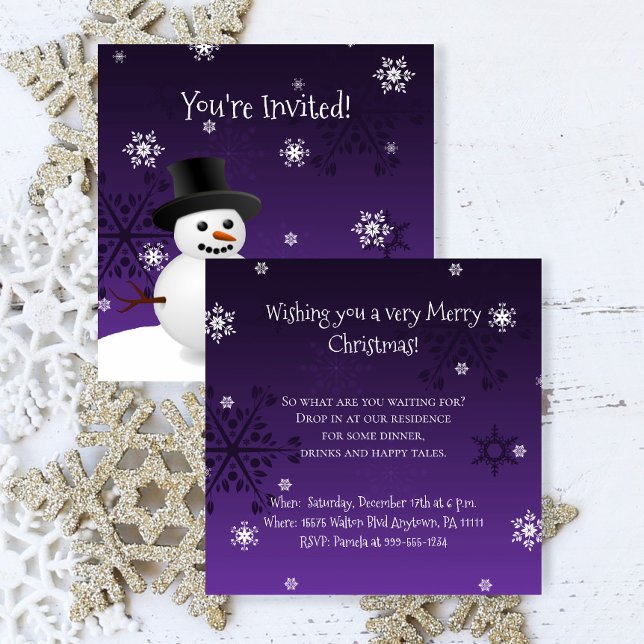 Invitación a Navidades de la escena invernal Purpl (Purple Snowman Winter Scene Christmas Party Invitation)
