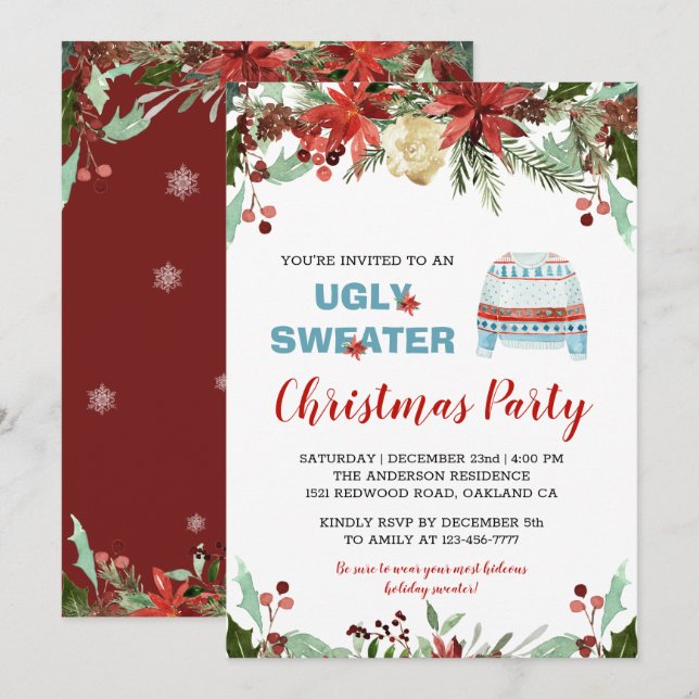 Invitación a Navidades de suéter feo y borgoñonés (Anverso / Reverso)