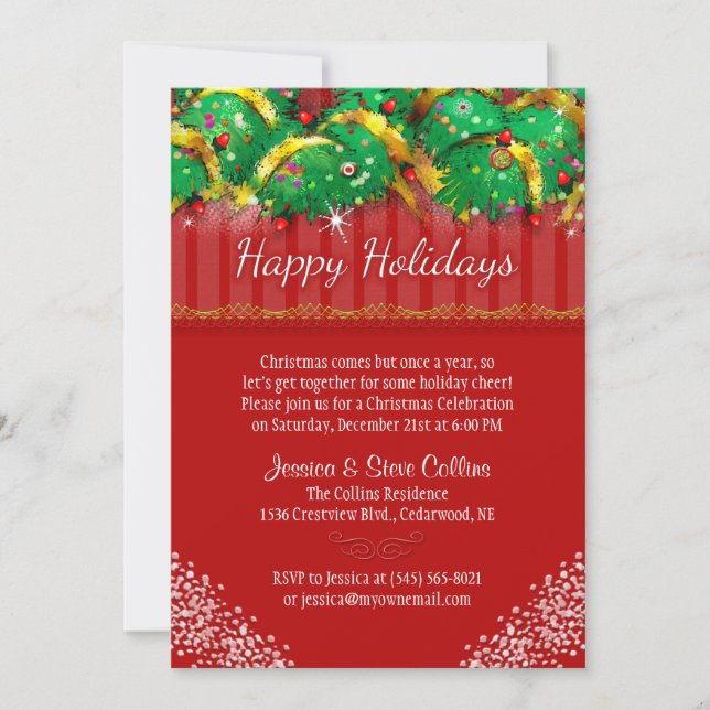 Invitación a Navidades - Decoraciones rojas y fest (Anverso)