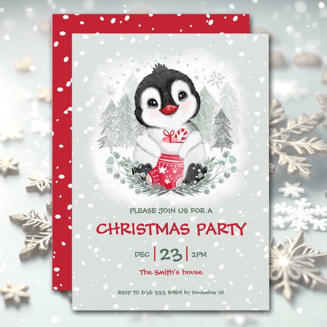 Invitación a Navidades rojos de hielo de nieve pin (Cute Penguin Snow Ice Red Christmas Invitation)