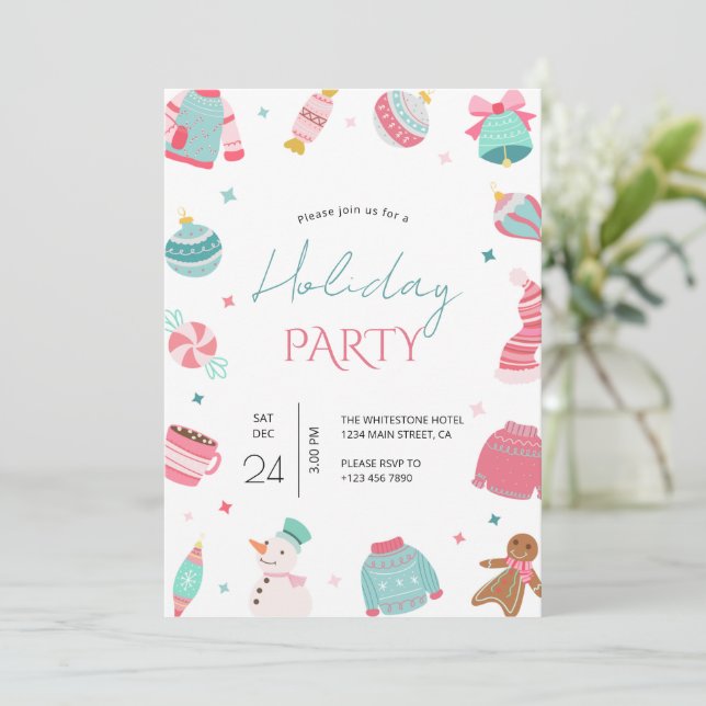 Invitación a Navidades rosados y Verde azulados (Anverso de pie)