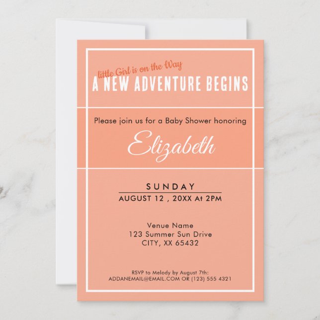 Invitación A New Adventure Begins Peach Babyshower Invitation (Anverso)