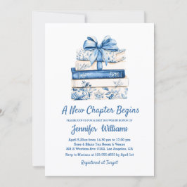 Invitación a new chapter begins blue bow books baby shower 