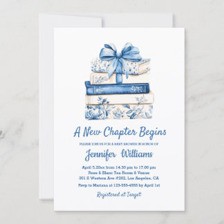 Invitación a new chapter begins blue bow books baby shower 