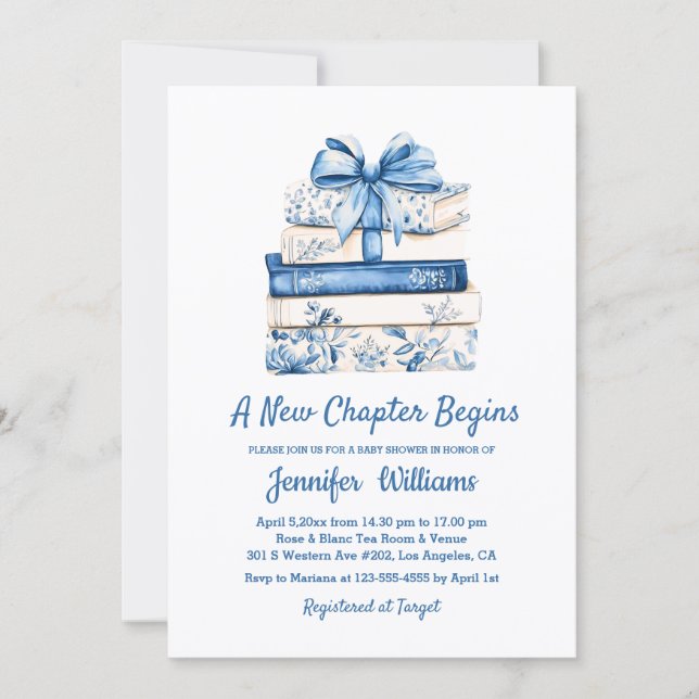 Invitación a new chapter begins blue bow books baby shower  (Anverso)