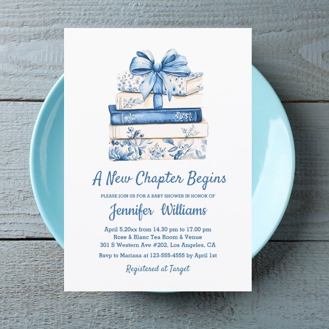 Invitación a new chapter begins blue bow books baby shower  (Subido por el creador)