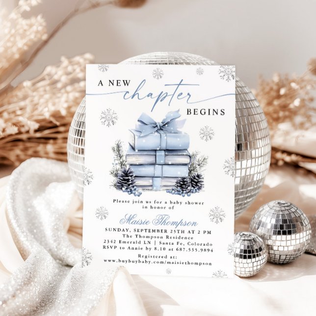 Invitación A New Chapter Begins Blue Bow Winter Baby Shower (Subido por el creador)
